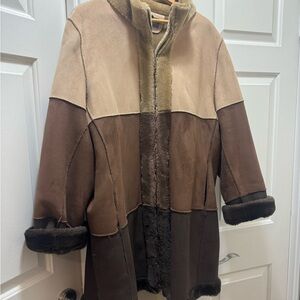 2X brown coat Color block Tan Brown Teddy Jacket suede shearling warm jacket